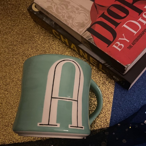 NWOT ANTHRO LMTD HAND-PAINTED TEAL WHITE MONOGRAM A ALPHABET RETRO Mug - Picture 3 of 8